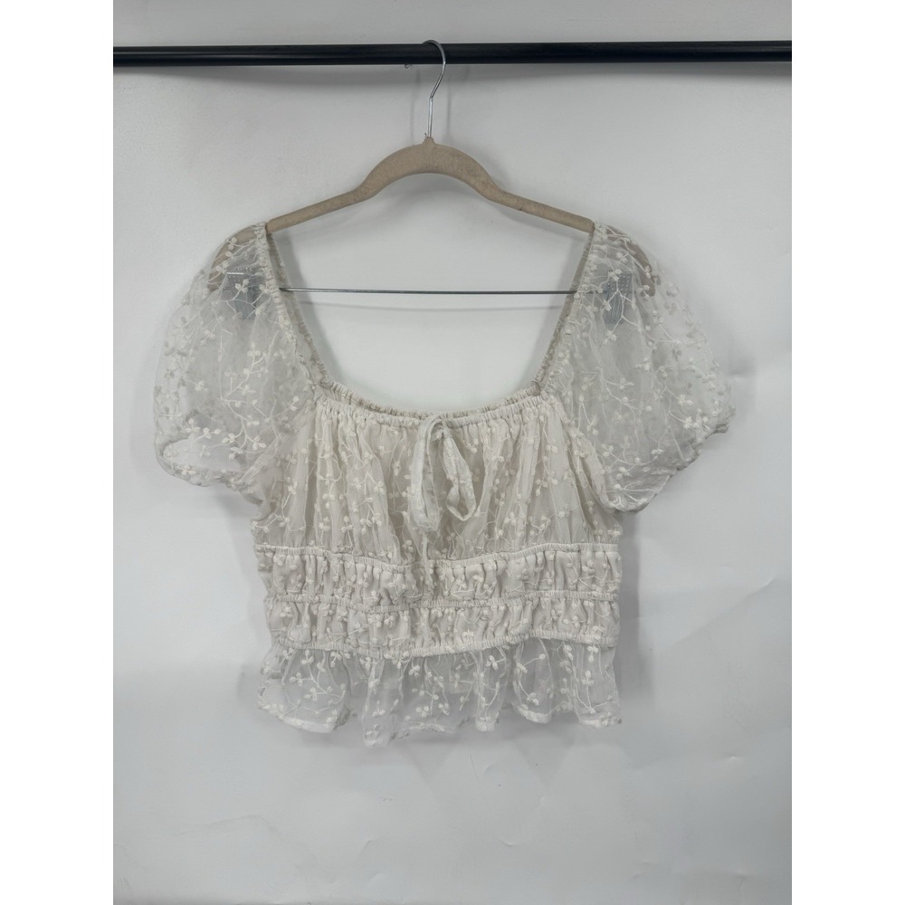 Japna Sheer Cropped Fairy Blouse Women L Ivory Floral Whimsical Coquette Whimsy